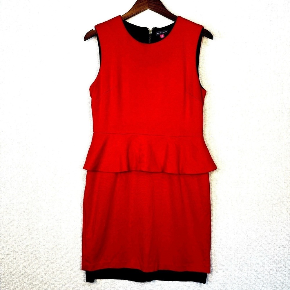 Vince Camuto Red Peplum Sleeveless Sheath Dress Size 12 Exposed Zipper Holiday